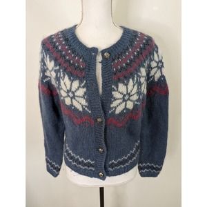 Vintage Rockabilly Womens Small Mohair Fair Isle Blue Cardigan Sweater S11